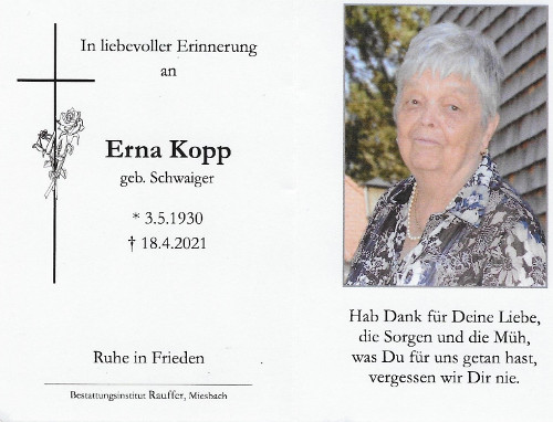 Trauerkarte Erna Kopp